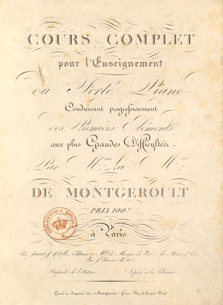 page de couverture du "cours complet pour l'enseignement du forte-piano, par Madame la Marquise de Montgeroult